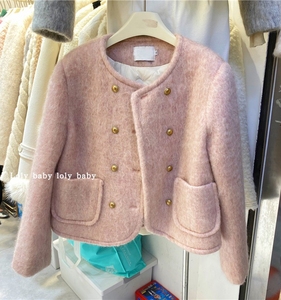 韩国粉色小香风羊毛呢短外套女秋冬款双排扣羽绒服高级感羊绒大衣