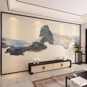 新中式水墨山水电视背景墙壁纸暖色客厅影视墙布现代简约卧室壁画