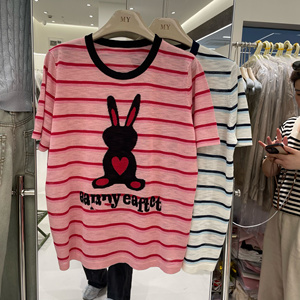 夏季新款圆领条纹冰麻针织衫女卡通兔子字母图案减龄短袖薄款上衣