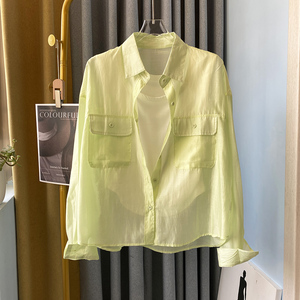 果绿色衬衫防晒衣女短款设计感小众2024夏天长袖外套半透明上衣韩