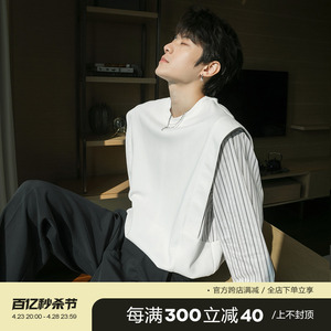 CHICERRO西西里男装春季韩系潮牌高级感拼接设计感假两件圆领T恤