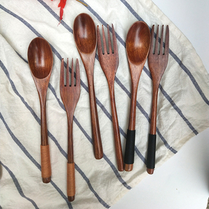 筷子勺子套装便携餐具套装木勺叉子布袋绕线实木勺叉筷套