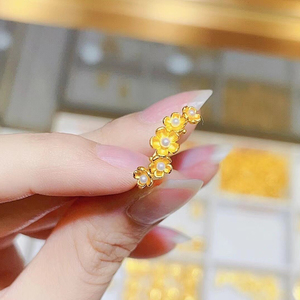 朵朵繁花珍珠镶嵌五瓣花戒指女纯手工黄金小花朵高级感指环送女友
