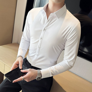 白色小尖领韩版紧身长袖衬衣修身显肌肉男7XL特大码伴郎弹力衬衣