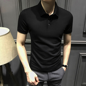 新款纯色短袖Polo衫男修身夏季韩版带领T恤潮流帅气男装翻领上衣