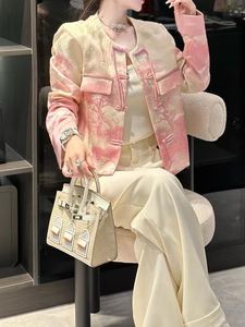 欧洲站粉色新中式外套女春2024新款高级感提花国风气质小个子上衣