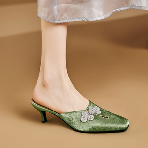 半包头绿色拖鞋女细跟2024新款夏天鞋子女性感高跟鞋方头凉鞋外穿