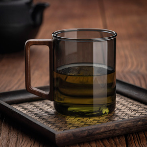 中式复古水杯待客茶杯耐高温木柄玻璃水杯工夫茶套装家用喝水杯子