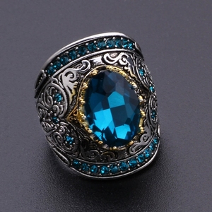 蓝宝石复古图腾做旧欧美波西米亚风宽版男女生中古戒指指环vintag