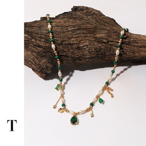 波西米亚轻奢混搭天然珍珠锆石星星项链祖母绿蓝宝石配饰气质颈链