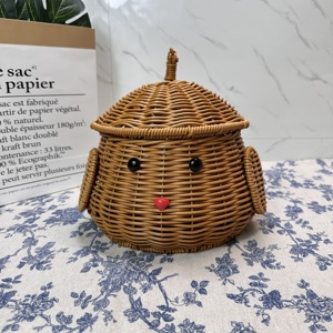 动物可爱客厅零食手工篮子水果编织藤编带盖创意家用圆形收纳篮