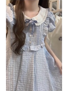 日系夏季甜美蓝色格子多巴胺娃娃领连衣裙女可爱泡泡袖小个子裙子