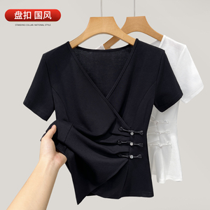 新中式女装2024夏装复古修身国风盘扣短袖t恤不规则设计感v领上衣