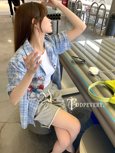 TDDP 猫咪印花短袖格子衬衫女夏季设计感小众衬衣复古日系上衣