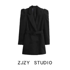 ZR 欧美风 ZA女装 法式复古腰带收腰蓬蓬袖中长款西装外套小西服