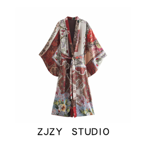 ZR 欧美风 ZA女装 新款拼布印花和服式外套宽松收腰 07809018330