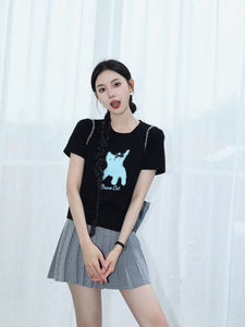 FEIMAO韩版卡通猫咪印花图案短袖T恤女夏百搭显瘦休闲套头针织衫