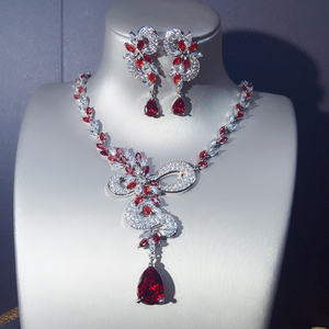 奢华精致中国风新娘红色宝石项链耳环套装镶嵌宝石婚纱礼服配饰品