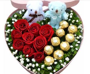 5.20情人节送花礼物 9朵红玫瑰费列罗巧克力心形礼盒 同城速递
