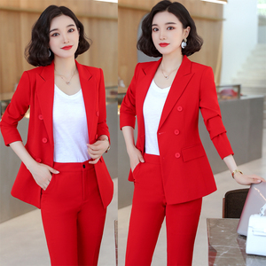 职业女裤套装秋冬新款韩版修身气质时尚红色双排扣长袖小西装外套