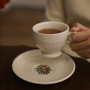 阳光如常。出口英国咖啡杯碟中古风格杯象牙白釉下彩下午茶红茶杯
