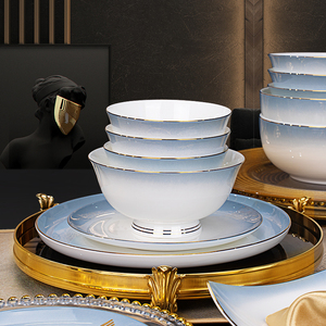景德镇吃饭碗家用2024新款轻奢釉中彩骨瓷餐具陶瓷面碗碟盘子组合