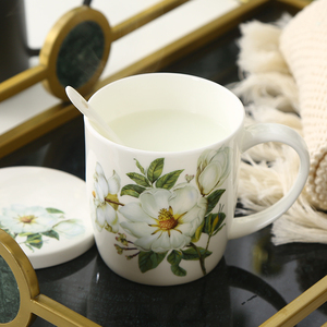 陶瓷水杯家用套装骨瓷喝水杯客厅带把茶杯单个马克杯带盖勺可定制
