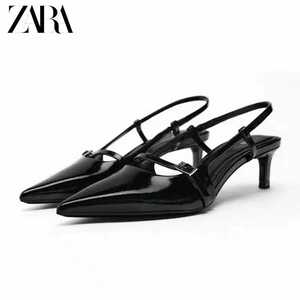 ZARA折扣2024新款女鞋细带法式尖头搭扣黑色高跟鞋女细跟包头凉鞋
