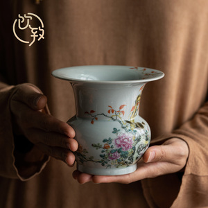 饮致中式釉上粉彩大号茶洗陶瓷水盂杯洗建水茶道复古零配件茶渣斗