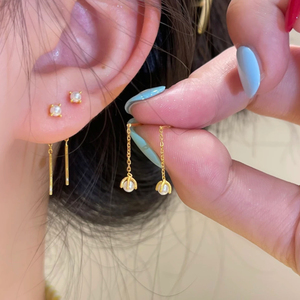 925银小珍珠耳线方形简约时尚甜美小耳垂气质优雅设计小巧耳环