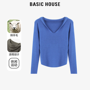 Basic House/百家好春绵羊毛连帽针织衫女春季修身显瘦短款上衣女