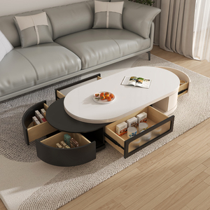 简约现代椭圆岩板黑白可伸缩茶几电视柜组合家用客厅小户型高级感