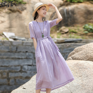 纯色紫色苎麻连衣裙高端薄款别致小个子长裙显高显瘦气质棉麻裙子