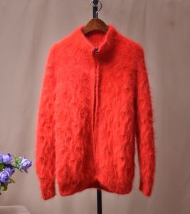 新品加厚保暖秋冬安哥拉长兔毛红色粗线针织拉链开衫外套毛衣女