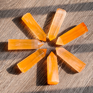 天然摩洛哥透石膏六棱柱摆件橙色水晶黄石膏六角柱家居装饰手串