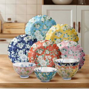 美浓烧木槿花碗碟套装家用釉下彩盘子碗高颜值餐具日本进口礼盒