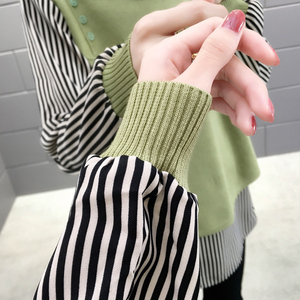 假两件衬衫领女士毛衣抹茶绿色上衣秋冬季新款宽松拼接高级感内搭