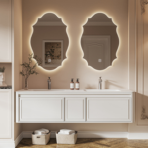 法式浴室柜组合奶油风岩板陶瓷一体盆双盆卫浴柜卫生间洗漱台定制