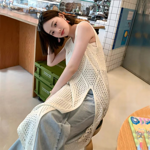 2024韩系慵懒风白色针织镂空叠穿长款罩衫女外搭v领开叉针织衫