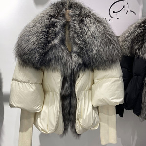 2022冬新款高端轻奢白鹅绒羽绒服超大银狐毛领针织袖冬装皮草外套