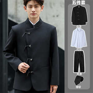 新中式男装中山装一套立领西装外套男高级感男生黑色休闲西服套装