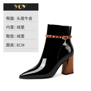 YQY品牌真皮高跟鞋女鞋 短靴粗跟靴子 薄绒