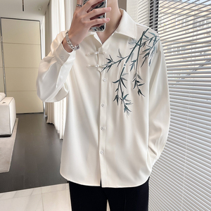 新中式国风长袖衬衫男士夏季轻熟风白衬衣服2024新款冰丝寸衫外套