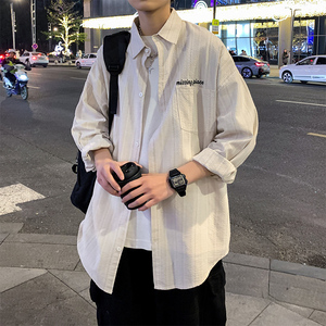 亚麻短袖衬衫男夏季港风休闲条纹oversize设计感学生棉麻衬衣上衣