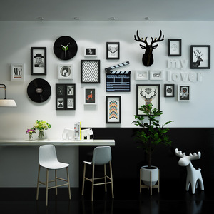 北欧照片墙装饰带钟表简约现代客厅餐厅创意相框挂墙上组合相片墙
