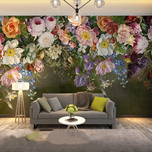 欧式复古怀旧手绘玫瑰花花卉电视背景墙墙纸壁画卧室沙发壁纸墙布