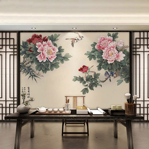 新中式牡丹花鸟古典壁纸国画沙发客厅电视背景墙纸酒店装饰墙布