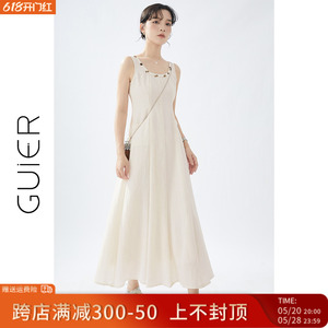 「GUIER」亮片吊带连衣裙女2024新款夏法式复古褶皱宽松无袖长裙
