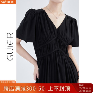 桂儿「TR人棉纤维」柔顺！黑色连衣裙女小众设计感系带气质长裙子