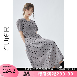 「GUIER」V领波点连衣裙女夏季2024新款小众设计感系带气质长裙子